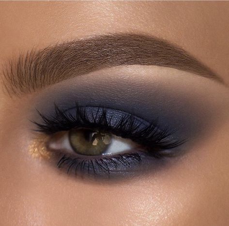 Navy blue smokey eye makeup with pop of gold Dark Navy Blue Makeup, Navy Smokey Eye Makeup, Navy And Gold Makeup, Dark Blue Smokey Eye Makeup, Navy Blue Makeup Looks Smokey Eye, Navy Blue Smokey Eye Makeup, Navy Makeup Looks, Christening Makeup, Smokey Eye Makeup Blue