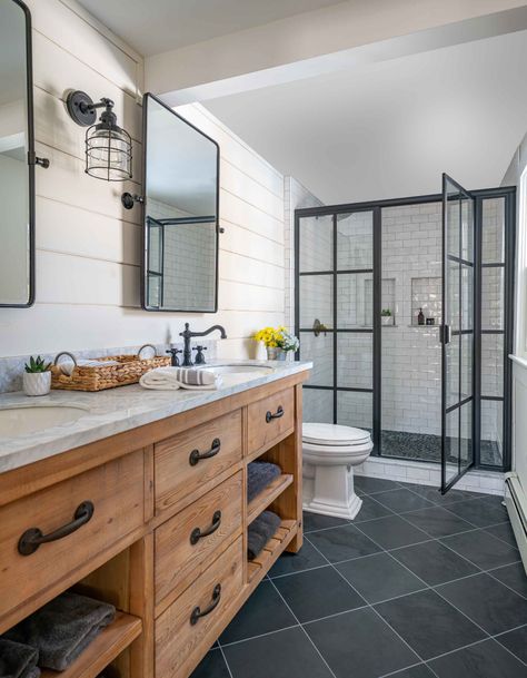 Slate Bathroom Floor, Slate Bathroom, Small Full Bathroom, Beach Style Bathroom, Full Bathroom Remodel, Transitional Bathroom, Gorgeous Bathroom, Bathroom Remodel Designs, Upstairs Bathrooms