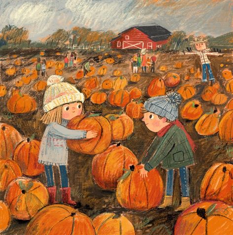 Leanne Hatch Illustration, October Illustration Art, Pumpkin Patch Drawing, Pumpkin Patch Illustration, October Color Palette, Pumpkin Illustration Autumn, October Doodles, Pumpkin Patch Painting, Pumpkin Patch Art