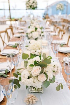 Roses and Eucalyptus Centerpieces Photography: Nicole Barr Photography Read More: http://www.insideweddings.com/weddings/ceremony-overlooking-the-bay-tented-reception-at-beach-house/1295/ Rose Eucalyptus Centerpiece, White Compote Centerpiece, Eucalyptus Centerpieces, Compote Centerpiece, White Stripes Wedding, Eucalyptus Centerpiece, Roses And Eucalyptus, Kings Table, Romantic Rustic Wedding