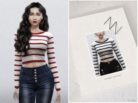 The SIMS 4 custom content can be downloaded at TSR #sims4 #sims4cc #sims4clothes Sims 4 Cc Striped Shirt, Sims 4 Striped Shirt, Sims 4 Cc Long Sleeve Shirt, The Sims 4 Custom Content, Sims Clothes, Tight Sweater, Sims 4 Mods Clothes, Uniform Shirts, Sims 1