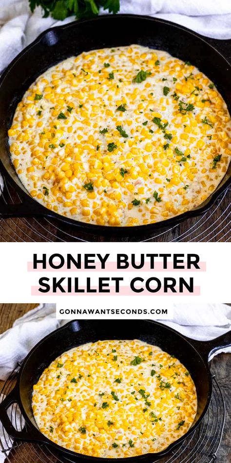 *NEW* Our honey butter skillet corn is a sweet and savory side dish that's easy to make and your family will ask for on repeat!!! #buttercorn #skilletcorn Honey Corn Skillet, Honey Butter Corn, Honey Butter Skillet Corn, Easy Honey Butter, Butter Corn, Skillet Corn, Corn Side Dish, Honey Roasted Carrots, Thanksgiving 2024