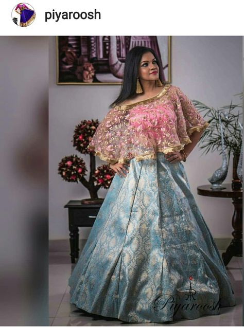 Cape Blouse Lehenga, Blue Brocade Lehenga, Brocade Lehenga, Cape Blouse, Blouse Lehenga, Pink Tube Top, Alice Blue, Bridal Lehengas, Indian Style