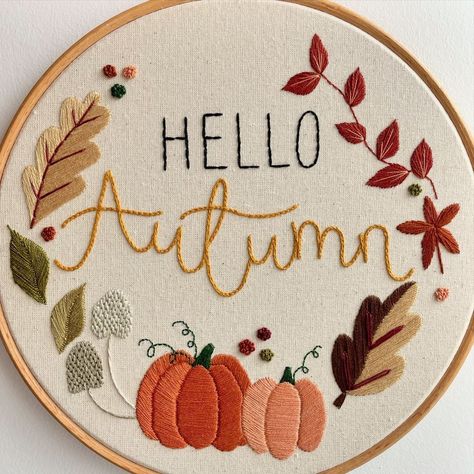 Fall Hand Embroidery Designs, Autumn Embroidery Designs, Autumnal Embroidery, Autumn Embroidery Patterns, Monthly Embroidery, Harvest Art, Halloween Advent Calendar, Autumn Embroidery, Fall Embroidery