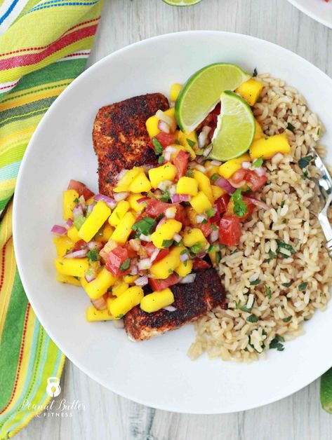 Blackened Mahi Mahi with Mango Salsa Mango Salsa For Fish, Mahi Mahi With Mango Salsa, Blackened Mahi Mahi, Scallops And Shrimp, Mahi Mahi Recipe, Cilantro Lime Brown Rice, Mahi Mahi Recipes, Bowls Recipes, Shrimp Kabobs