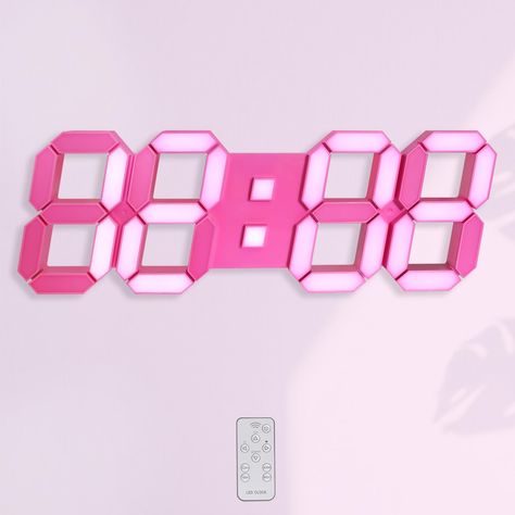 PRICES MAY VARY. [15" Big Pink LED Clock] This adorable big pink wall clock with pink LED lights can make a wonderful gift for pink bedroom decor aesthetic. The led pink wall clock can function as both a desktop clock for bedrooms with its base bracket and a wall clock hung in bedroom, gaming room, living room, kitchen, gym, classroom, office, meeting room, and more. It serves as a super cute and cool unique decorative clock for wall and a bedside alarm clock. Size: 15.0x5.1x0.9 inches (Weight: Girly Pink Bedroom, Pink Led Lights, Wall Clock Hanging, Pink Dorm Rooms, Clock For Bedroom, Cheap Room Decor, Pink Dorm, Room Cute, Bedside Clock