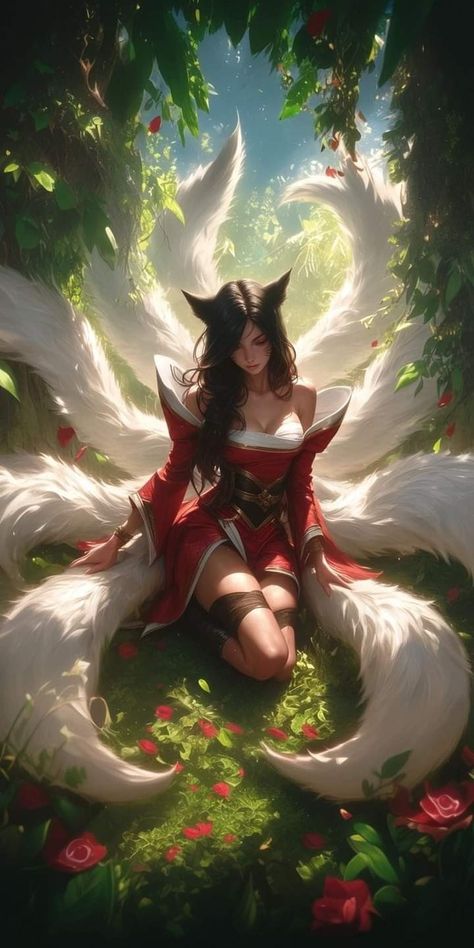 League Of Legends Artwork, League Of Legends Phone Wallpaper, Ahri League Of Legends Wallpapers, Ahri League Of Legends Fanart, Anivia League Of Legends, Oni Aesthetic, Ahri Fanart, Kitsune Girl, League Of Legends Ahri