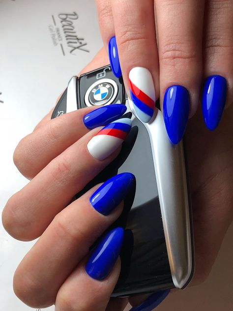 Bmw Nails Art, Car Nails Designs, Redbull Nails, Bmw Nails Design, Bmw Nails, Girls Nail Designs, Nail Art Images, Graduation Nails, White Nail Designs