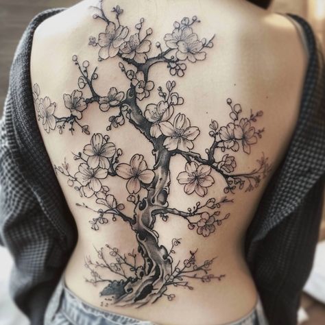 Cherry Blossom Tattoo Black And White, Cherry Blossom Tattoo Stencil, Sakura Tree Tattoo, Dogwood Tree Tattoo, Best Feminine Tattoos, Tree Tattoo Black, Tattoo Cover Ups, Cherry Blossom Tree Tattoo, Tree Tattoo Back