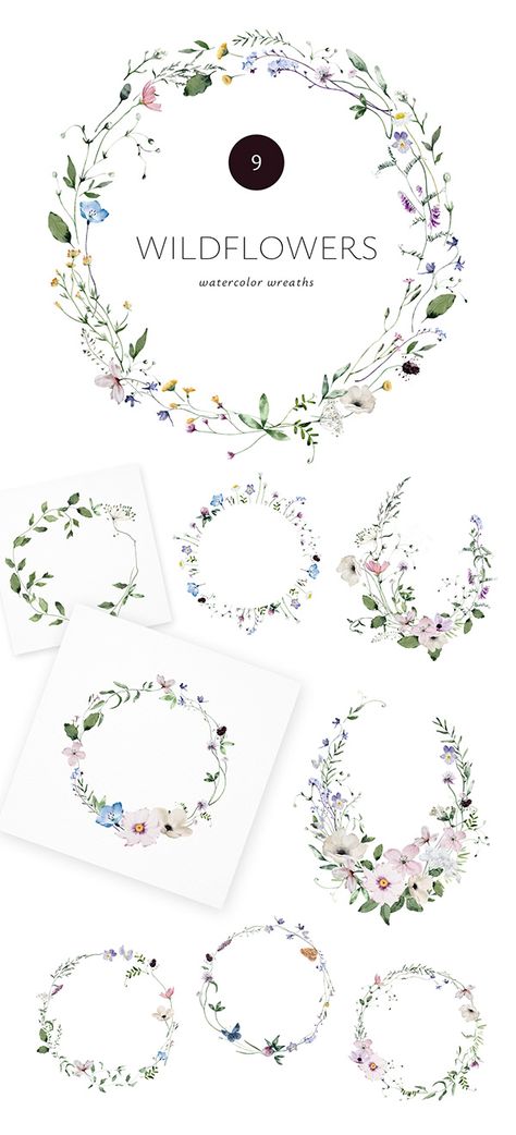 Wildflowers – a watercolor hand-painted collection of 100 + high-quality elements: 59 DIY elements, 26 arrangements, 7 frames, 9 wreaths, 9 seamless patterns. These graphics are perfect for event or wedding invitations, cards, posters, scrapbooking, decorations, prints, and more.  flower, forget-me-nots, clover, violet, butterfly, ladybug, botanical, illustration, watercolor, floral, natural, summer, herb, foliage, meadow, nature, wild, herbal, grass, botany, field, twig, flora, rustic, thistle Wildflowers Watercolor, Graphic Design Letters, Comic Font, Illustrator Brushes, Design Advertisement, Watercolor Set, Forget Me Nots, Illustration Watercolor, Instagram Layout