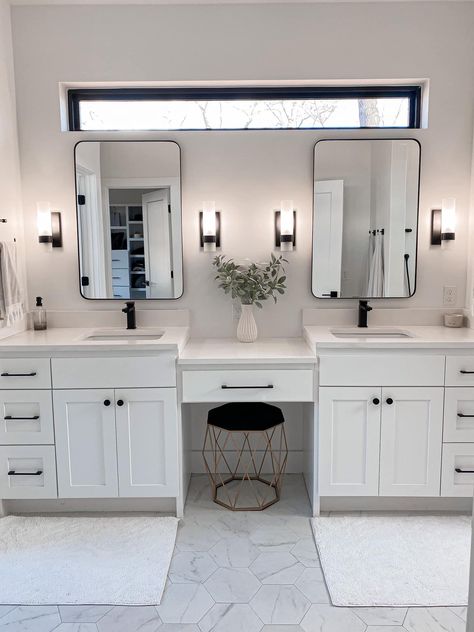 Bathroom Inspiration White Vanity, White Cabinets In Bathroom Master Bath, All White Restroom, Master Bath With White Vanity, Dual Bathroom Vanity With Makeup Area, His And Her Sinks Master Baths, Bathroom Ideas White Vanity, Double Sink With Vanity In Middle, White Bathroom Aesthetic