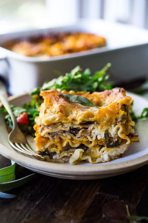 Butternut Lasagna with Wild Mushrooms and Sage- a delicious vegetarian or vegan main dish, perfect for the holiday table! Can be made ahead! #butternutlasagna #veganlasagna #veganthanksgiving #veganmaindish #vegetarianmaindish #mushroomlasaga #veganchristmas #vegandinner #plantbased #cleaneating #Beaujolais Butternut Lasagna, Butternut Squash Lasagna Recipe, Vegan Main Dish, Feasting At Home, Butternut Squash Lasagna, Squash Lasagna, Vegetarian Comfort Food, Vegetarian Main Dishes, Best Vegetarian Recipes