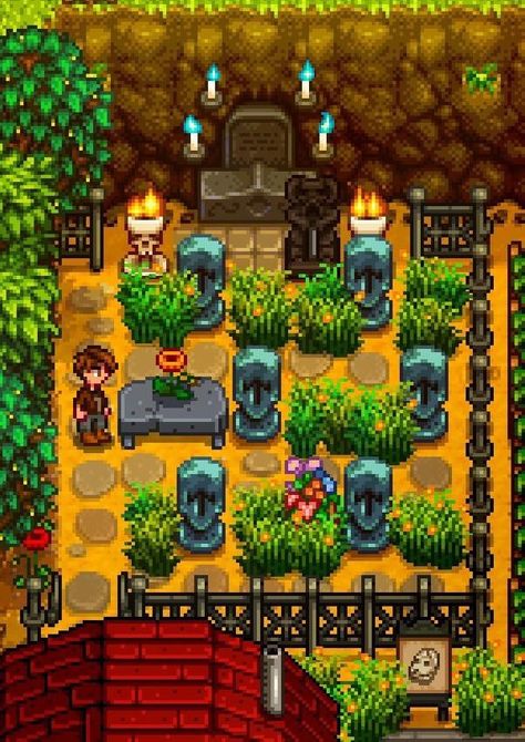 Stardew Grandpa Shrine, Four Corners Farm Stardew Valley, Stardew Hacks, Stardew Decor, Stardew Valley Decoration Ideas, Stardew Ideas, Stardew Farms, Stardew Valley Layout, Stardew Valley Tips