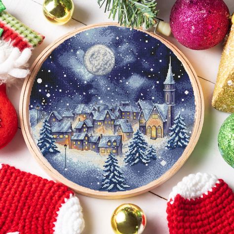 🌟 Cross stitch pattern winter night. Digital Pattern Winter Snowy Town Night Pattern. Christmas village landscape Hand Embroidery Needlepoint chart 🌟 "Winter night" pattern 🌟 designer - Svitlana Hrybach 🌟 @xfreestitch 🌟 Size: 180 x 180 crosses. 26,536 crosses for the marathon. 🌟 14 count (count) - 32.66 x 32.66 or 12.85 x 12.85 inches 🌟 16 count (count) - 28.6 x 28.6 or 11.25 x 11.25 inches 🌟 18 count (count) - 25.4 x 25.4 cm or 10 x 10 inches 🌟 DMC palette 🌟 Number of colors: 33 (2 sh Christmas Cross Stitch Patterns Free Nativity, Christmas Village Embroidery, Dmc Palette, Cross Stitch Winter, Snowy Town, Christmas Cross Stitch Patterns Free, Cross Stitch Pattern Christmas, Night Pattern, Village Landscape