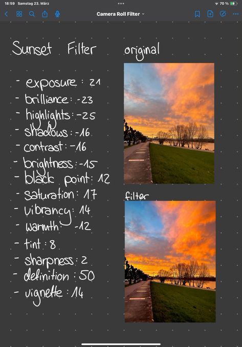 Filter Effects Iphone, Sunset Edits Iphone, Iphone Editing Pictures Sunset, Sunset Picture Editing Iphone, Editing Sunset Photos, Sunset Preset Iphone, Apple Photo Editing Settings, Sunset Photo Filter, How To Edit Sunrise Photos