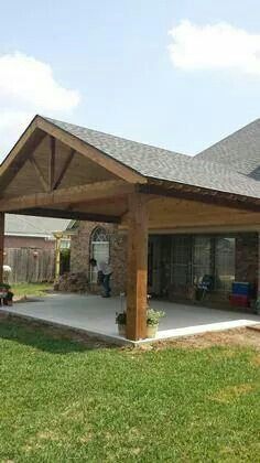 Patio On Ranch Style House, Ranch Style Back Porch Ideas, Outdoor Overhang Patio, Back Porch Additions Covered Patios, Extended Back Porch Ideas, Patio Behind Garage, Covered Concrete Patio Ideas, Covered Patio Extension Ideas, Backyard Patio Cover