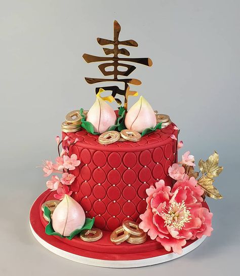 Longevity & Prosperity 🍑💰 - - - - - - #longevity #prosperity #birthday #birthdaycake #cakes #cake #birthdaycakes #celebrate #celebration… Chinese Birthday Cake, Chinese Baking, Longevity Cake, Birthday Cake For Women Elegant, Peach Items, Chinese Birthday, Chinese Cake, Kue Macaroon, Cakes Decor