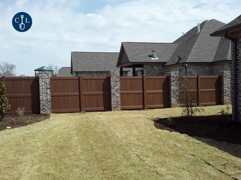 Brick And Vinyl Fence, Brown Vinyl Fence, Fence With Stone Columns, Fence With Brick Columns, Property Fencing, Staining Wood Fence, Brick Pillars, Landscape Installation, Decorative Fence