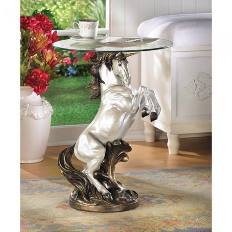 Unicorn Accent Table Unicorn Table, Unicorn Glass, Statue Base, Accent Table Decor, Glass End Tables, Accent Side Table, Crazy Stuff, Horse Sculpture, Glass Top Table