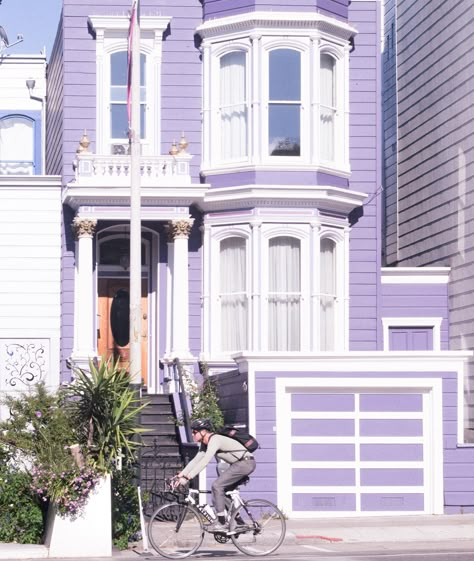 Purple And White House Exterior, Purple House Exterior Lavender, Purple Color House Exterior, Light Purple House Exterior, Lavender Exterior House Color, Danish Pastel House Exterior, Lilac Exterior House Paint, Lavender House Exterior, Purple Exterior House Colors