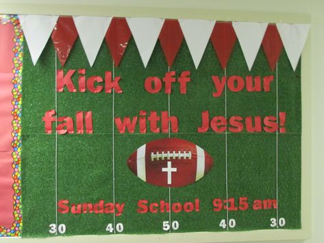 fall 'kick off' Sunday school bulletin board idea using a piece of astroturf as the background Christian Bulletin Board Ideas For Fall, Falling For Jesus Bulletin Board, October Christian Bulletin Boards, Fall Bulletin Boards Christian School, Fall Religious Bulletin Boards, Football Bulletin Boards, Fall Church Bulletin Boards, Religious Bulletin Boards, Creative Bulletin Boards