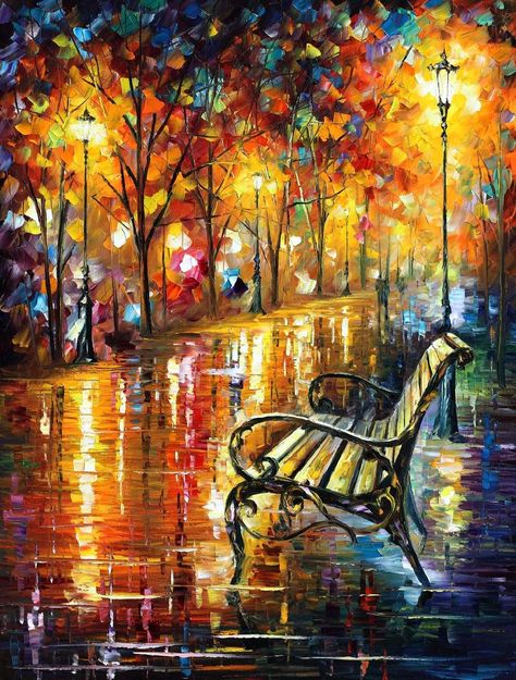 Thoughts by Leonid Afremov by Leonidafremov on DeviantArt Surrealism Paintings, Leonid Afremov, Colorado Art, Galleria D'arte, Street Lights, Rainy Night, Impressionist Art, Beginner Painting, Custom Painted