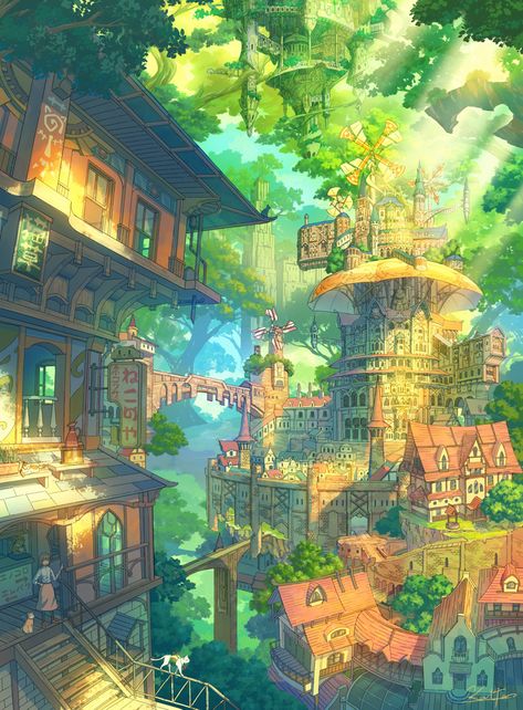 Yuumei Art, Solar Punk, Punk Wallpaper, Pelan Rumah, Anime City, Forest City, Urban Landscapes, Fantasy City, 수채화 그림