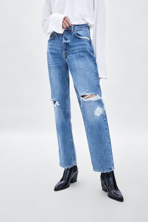 Zara Straight Leg Mid-Rise Damaged Jeans Damage Jeans, Damaged Jeans, Fall Denim Trends, Metallic Denim, Sequin Blazer, Fashion Bottoms, Fall Denim, Zara Shirt, Striped Swimsuit