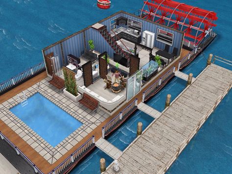 House 19 (houseboat) ground level  #sims #simsfreeplay #simshousedesign Sims Freeplay Boat House Ideas, Sims Freeplay Cheats, Sims 4 Loft, Mezzanine Bedroom, Sims Freeplay Houses, Sims Free Play, Sims Ideas, Sims House Design, Sims Freeplay