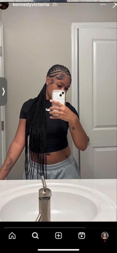 Slick Back Cornrow Braids, Feed In Braids With Designs And Curls, 16 Feed In Braids, 7 Feed In Braids Straight Back, Cornrow Braids Design, Straight Back Feed In Braids With Design And Curls, Straight Feed In Braids, Medium Size Feed In Braids, Feed In Braids Cornrows Black Women