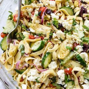 Greek Pasta Salad with Cucumbers & Artichoke Hearts | foodiecrush.com Artichoke Heart Recipes, Homemade Pasta Salad, Cucumber Pasta Salad, Feta Pasta Salad, Greek Chickpea Salad, Greek Pasta Salad, Greek Chickpeas, Greek Potatoes, Mediterranean Quinoa Salad