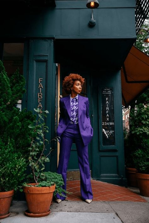 Sip, Sip, Hooray: Your Ultimate Guide to Nailing LGBTQ+ Inclusive Cocktail Attire for Wedding Celebrations! - BrideNavy Wine Colored Suit Women, Jewel Tone Suit Women, Purple Suit Outfit Women, Colorful Suits For Women, Cocktail Attire For Wedding, Purple Suit Women, Attire For Wedding, Power Suits For Women, Womens 3 Piece Suit