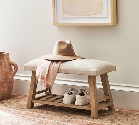 entryway | Pottery Barn Small Cushioned Bench, Pottery Barn Bench, Small Bench For Entryway, Small Bench Entryway, Small Entry Bench, Organized Entryway, Small Entryway Bench, Foyer Bench, Bathroom Bench