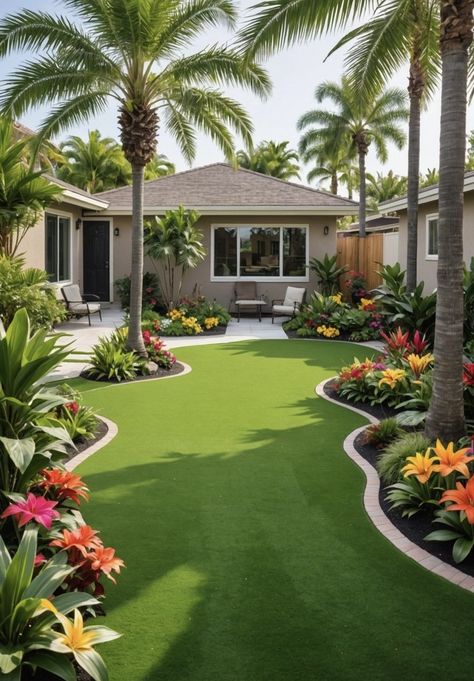 Patio Design Front Of House, Tropical Landscaping Front Yard Florida, Beautiful Landscapes Front Yard, Brentwood Oasis, Natural Garden Design, Mansion Garden, Palm Trees Landscaping, Villa Garden, Tropical Garden Design