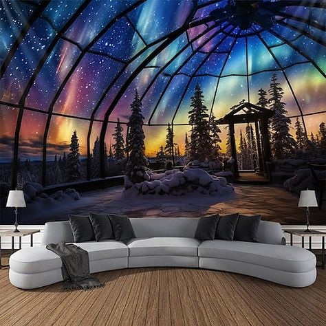 India Inspired Interior Design, Aurora Landscape, Forest Room Decor, Forest Room, Magical Room, Cheap Wall Tapestries, Large Tapestry, Large Tapestries, Grand Art Mural