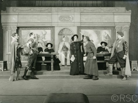 The Merchant of Venice, 1940, the Shakespeare Memorial Theatre. Directed by Ben Iden Payne, set designed by Peggy Neale, costume designed by Barbara Curtis. Portia attempts to intevene between Antonio, Bassanio and Shylock in the court. The company includes Nerissa (Freda Jackson), Bassanio (Richard Hurndall), Antonio (George Skillan), Doge (Gerald Kay Souper), Portia (Thea Holme), Shylock (Baliol Holloway) and Gratiano (Richard Wordsworth). (Photo: Ernest Daniels). RSC. Merchant Of Venice Court Scene, Merchant Of Venice, The Merchant Of Venice, Study Materials, The Court, Venice, Quick Saves, Design