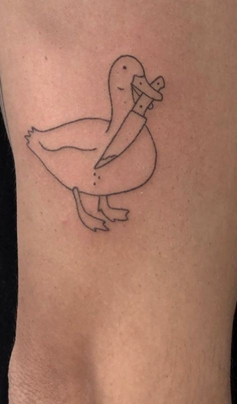 Duck Holding Knife Tattoo, Most Beautiful Tattoos, Goose Tattoo, Thumb Tattoos, Duck Tattoos, Ornament Embroidery, Knife Tattoo, Sibling Tattoos, Weird Tattoos