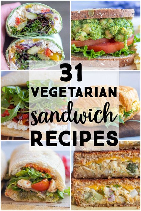 If you're bored with your lunch routine, I have rounded up all my favorite Vegetarian Sandwich Recipes for you to choose from!  Included are traditional sandwiches, lettuce wraps, regular wraps and pitas.  They are all vegetarian, with a few vegan and gluten free options thrown in.  Make lunch your favorite meal of the day with these delicious recipes! #vegetarianrecipes #sandwiches #lunch #picnicrecipe #hikingfood Vegetarian Sandwich Ideas, Vegetarian Lunch Ideas For Work, Wraps Recipes Vegetarian, Lunch Recipe Ideas, Packing Inspiration, Vegetarian Sandwiches, Easy Healthy Lunch, Vegetarian Wraps, Vegetarian Sandwich Recipes