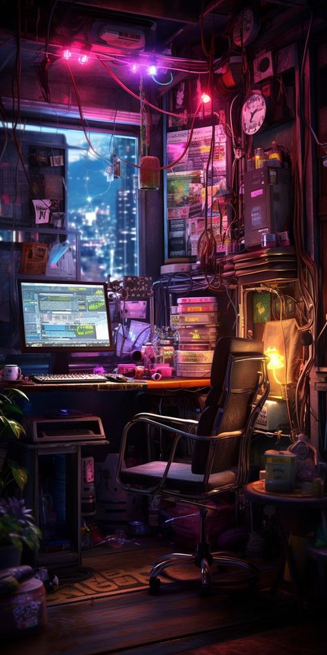 Late Stage Capitalism Aesthetic, Cyberpunk Workshop, Futuristic Workshop, Punk Room Ideas, Cyberpunk Room Ideas, Cyberpunk Office, Cyberpunk Bedroom, Cyberpunk House, Cyberpunk Apartment