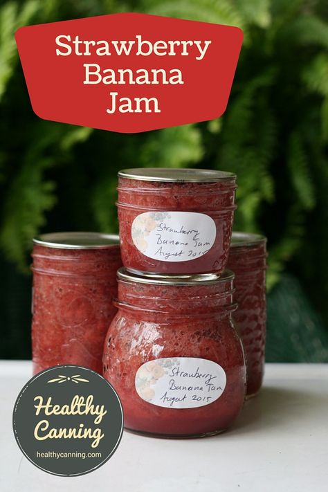 Strawberry Banana Jam Recipe, Strawberry Banana Jam, Banana Jam Recipe, Using Frozen Strawberries, Banana Jelly, Healthy Canning, Canning Jams, Pectin Recipes, Water Bath Canning Recipes