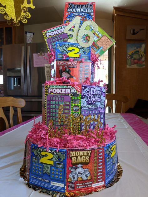 Lottery Ticket Cake Diy, Lottery Ticket Basket Raffle, Lottery Cake Ideas, Adult Halloween Party Favors, Bingo Prizes, Raffle Gift Basket Ideas, Lottery Ticket Gift, Auction Gift Basket Ideas, Nonna Gifts