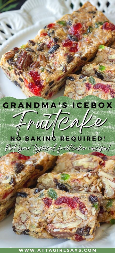 If you don't like the classic Christmas dessert , this no-bake icebox fruitcake recipe will change your mind. You'll love this fruity and nutty version made with graham crackers and marshmallows. Graham Cracker Fruit Cake No Bake, Best Fruit Cake Cookies Recipe, Fruit Side Dishes Christmas, No Bake Fruitcake Recipes, Healthy Fruit Cake Recipes, Unbaked Fruitcake Recipe, Fruit Cake Bars, Fruit Cake Bars Recipe, Refrigerator Fruit Cake Recipe