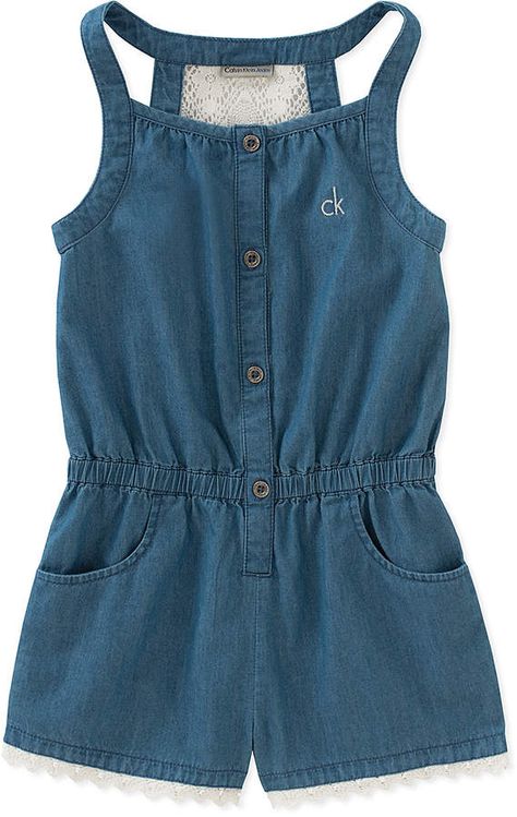 Calvin Klein Girls, Chambray Romper, Calvin Klien, Toddler Stuff, Kids Frocks Design, Baby Dress Design, Kids Frocks, Cotton Romper, Denim And Lace