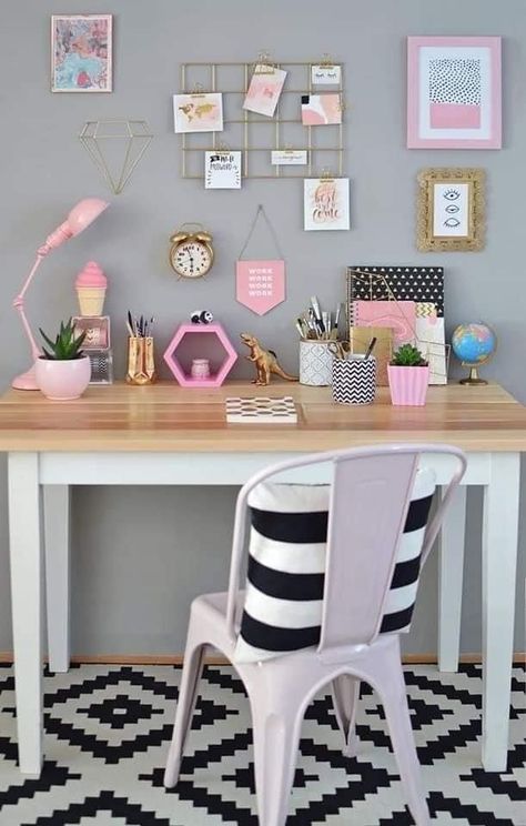 "Transform your workspace into a haven of productivity and style with these easy office decor ideas! 🌟 From vibrant desk organizers to cozy throw pillows, discover simple ways to add a touch of personality to your workspace. Say goodbye to boring offices and hello to a space that sparks creativity! ✨ #OfficeDecor #WorkplaceInspiration #SimpleJoys" Desk For Girls Room, Bedroom Decor For Women, Feminine Home Offices, Study Room Decor, Girly Room, Small Room Design, Teen Bedroom Decor, Room Design Bedroom, Girl Bedroom Decor