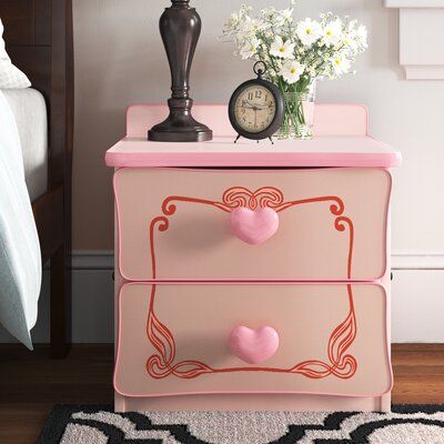 Add appeal to your room with this very attractive nightstand. The perfect accompaniment for any of our pink bedroom furniture, this glossy and dynamic nightstand is built solid and features round heart-shaped drawer-pulls and delicately exquisite accents. The perfect pop of color that will stylishly electrify any space. This piece will be able to add a homey touch to your space. It's a perfect addition to your home decor. | Willa Arlo™ Interiors Alric 2 - Drawer Nightstand in Light Pink Wood in Pink Nightstand, Pink Nightstands, Pink Bedroom Furniture, Rooms Decoration, Style Nightstand, Princess Room, Inspire Me Home Decor, Scroll Pattern, 2 Drawer Nightstand