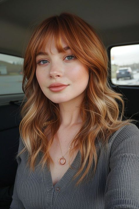 Red Hair With Bangs, Blonde Hair Transformations, Side Bangs Hairstyles, Oval Face Hairstyles, Side Bangs, Long Hair With Bangs, Hair Color And Cut, Auburn Hair, American Beauty