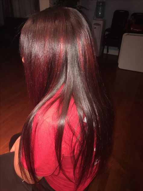 Full Sew- In Red Highlight Weave Dark Red Quick Weave, Red And Black Sew In, Highlight Weave, Sew In Leave Out, Red Sew In, Full Sew In, Colorful Hairstyles, Red Streaks, Black Weave