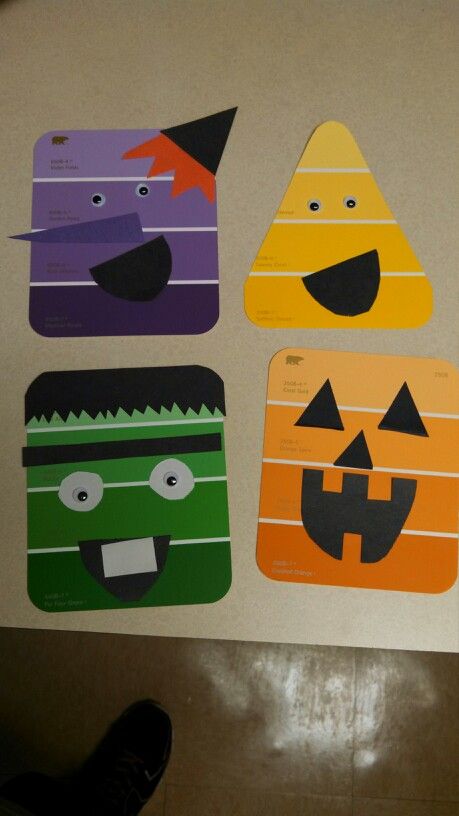 Halloween paint chip crafts at work today. They were so great! Kids Crafts Fall, Craft Ideas Halloween, Plate Craft Ideas, Paint Sample Art, Crafts For Kids Fall, Maternity Halloween Costume, Fall Kids Crafts, Paint Samples Crafts, Halloween Theme Preschool