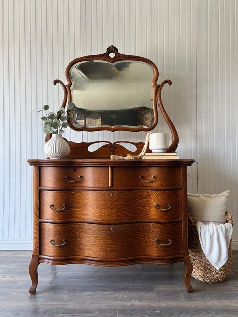 Antique Tall Dresser, Refinished Antique Furniture, Antique Bedroom Ideas, Vintage Dresser With Mirror, Bedroom Dresser With Mirror, French Provincial Mirror, Chest Of Drawers With Mirror, Antique Dresser With Mirror, Drawers With Mirror