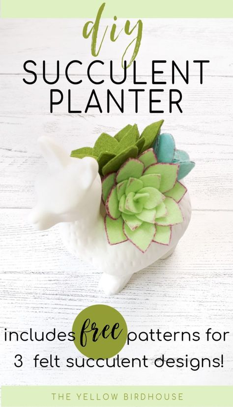 DIY Felt Succulent Planter with 3 Free Patterns | The Yellow Birdhouse Free Printable Patterns, Felt Flower Tutorial, Felt Succulents, Felt Crafts Patterns, Succulents Decor, Crafts For Seniors, Diy Felt, Crafty Moms, Felt Patterns